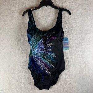 Swim Solutions Women's Firework Palm Print One Piece Swimsuit Size 14‎ NWT 9394